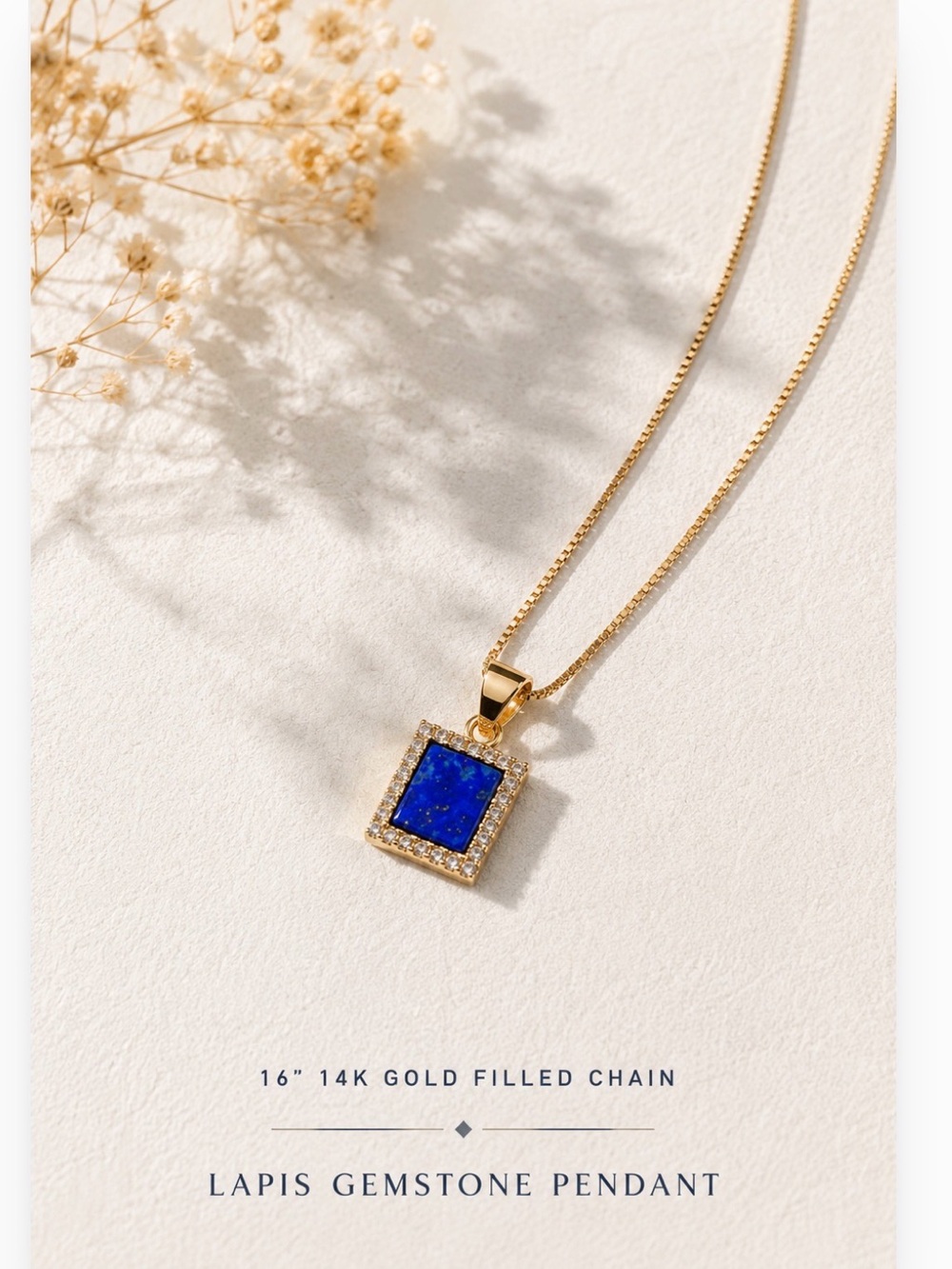 Elegant 14 K gold filled box chain necklace with lapis gemstone pendant